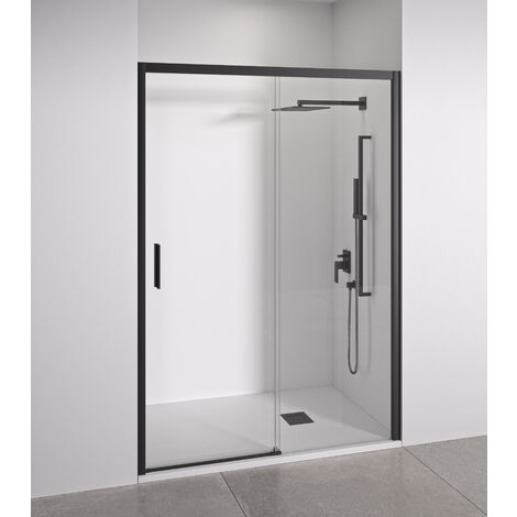 Mampara de ducha frontal 1 corredera + 1 fijo - sin perfilería inferior - Cristal transparente templado 6mm antical - Negro Mate - Ancho adaptable 105 a 110cm - Posición puerta izquierda - Alto 195cm