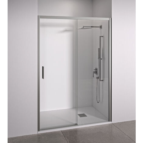 Mampara de ducha frontal 1 corredera + 1 fijo - sin perfilería inferior - Cristal transparente templado 6mm antical - Plata Brillo - Ancho adaptable 140 a 145cm - Posición puerta izquierda - Alt 195cm