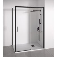 Mampara de ducha angular 1 corredera + 2 fijos - sin perfilería inferior - Cristal transparente templado 6mm - Negro mate - Ancho adaptable 155-160 x 87-90cm - Posición puerta izquierda - Alto 195cm