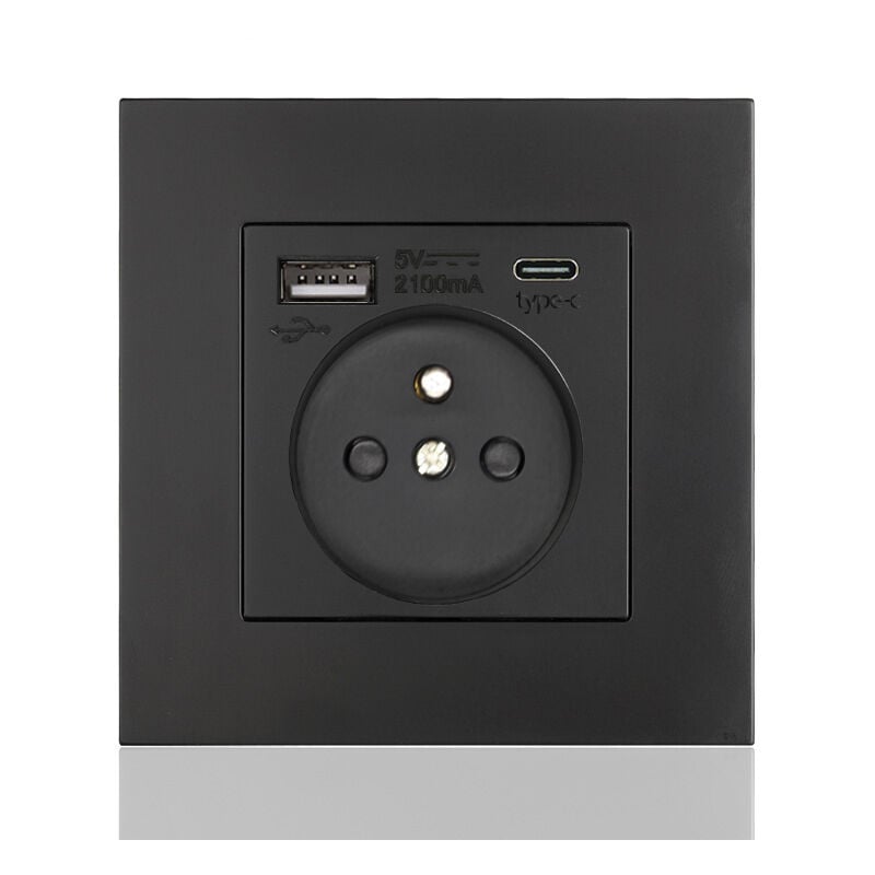 Panel de enchufe francés Type-c+USB16A Type 86, número de enchufes: 2 orificios, número de puertos USB: 1, número de puertos tipo c: 1, seguro y firme (cuadrado negro)