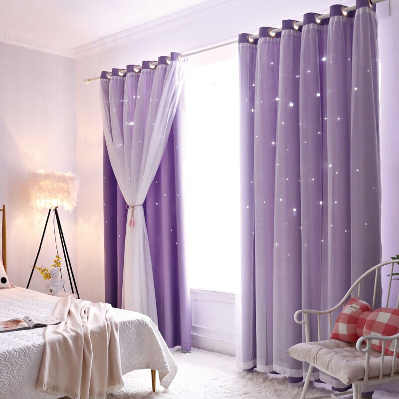 Cortinas opacas de malla de gasa de estrellas para dormitorio, decoración del hogar, color morado