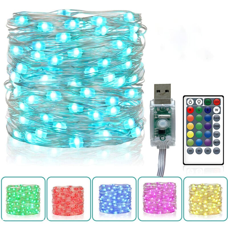 Luces de hadas de colores, 10m 100 LEDs USB 16 Luces de hadas cambiantes multicolores Luces de hadas plateadas interiores Control remoto para dormitorio Fiesta de Navidad al aire libre Jardín