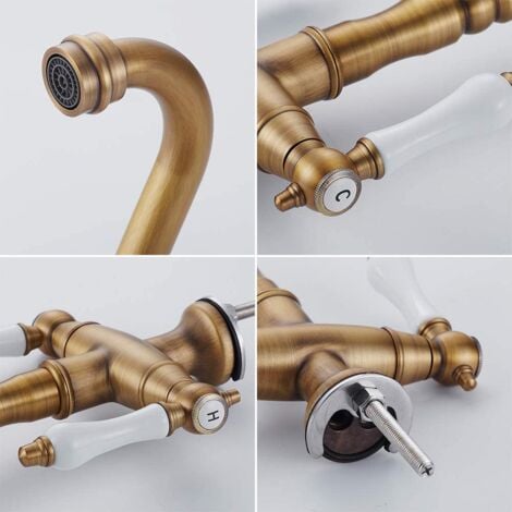 Robinet Mitigeur Cuisine Vintage Robinet de Lavabo Rétro 2 Poignées Réglable Chaude et Froide Rotatif 360° Bronze