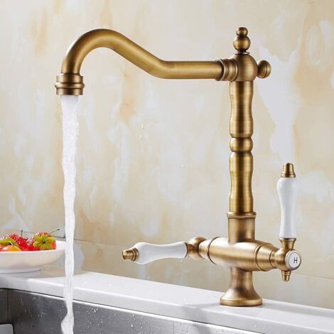 Robinet Mitigeur Cuisine Vintage Robinet de Lavabo Rétro 2 Poignées Réglable Chaude et Froide Rotatif 360° Bronze