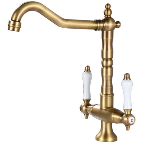 Robinet Mitigeur Cuisine Vintage Robinet de Lavabo Rétro 2 Poignées Réglable Chaude et Froide Rotatif 360° Bronze