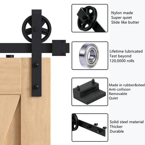 200cm/6,6FT Kit Quincaillerie de Rail pour Porte Coulissante Industriel Ensemble Suspendue de Porte de Grange en Acier au Carbone
