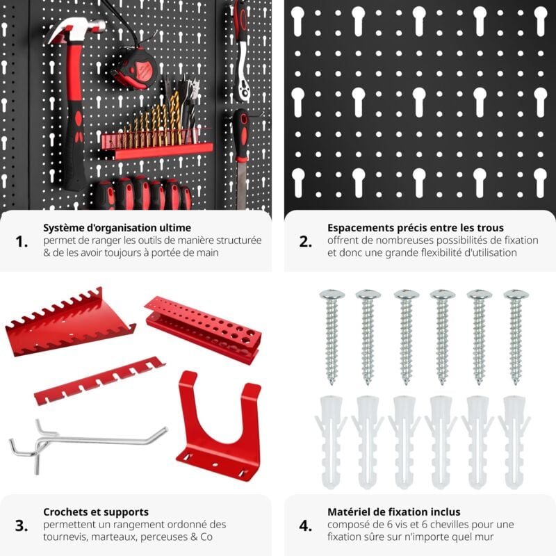 Plaque à outils 3 pièces en métal avec 17 crochets 120 x 60 x 2 cm pour atelier noir et rouge 