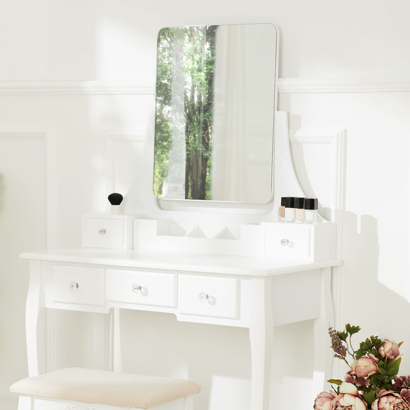 GRAVITY-COIFFEUSE BLANCHE DE MAQUILLAGE AVEC MIROIR ET TABOURET PIVOTA –  Homely