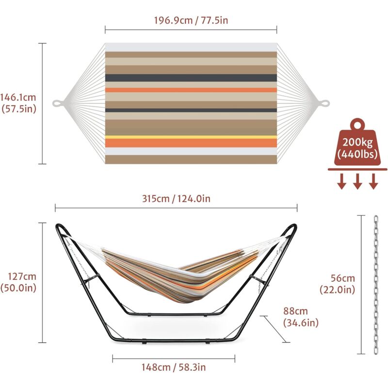 Hamac Double De Jardin TecTake 210x150cm - Charge 200kg, Avec Sac Transport, Multicolore Confortable