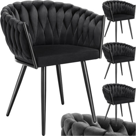 Tectake – Lot de 4 chaises de salle à manger en velours noué noir – Accoudoirs et dossier rembourrés – Pieds en acier laqué époxy – Hauteur d'assise 47 cm (1/5)