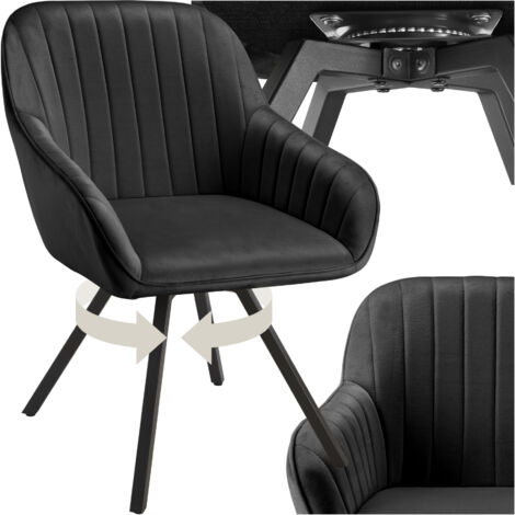 Tectake – Chaise pivotante 360° avec accoudoirs – Rembourrage en velours noir – Hauteur d'assise 49 cm – Pieds en acier antidérapants (1/5)