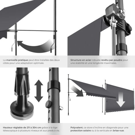Store à pince sans perçage avec manivelle, réglable en hauteur - 400 x 180 cm, noir/gris
