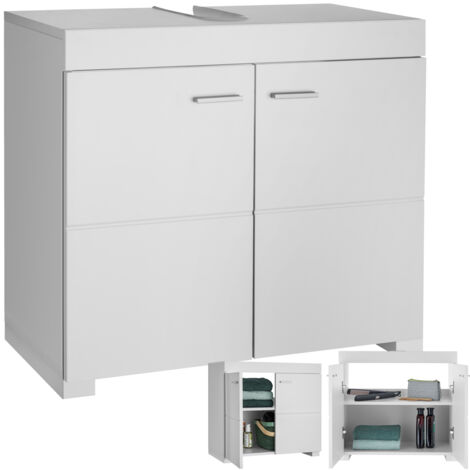 Tectake – Meuble bas de salle de bain blanc 60x35x56cm – 2 compartiments avec portes battantes – Montage rapide – Protection siphon (1/5)