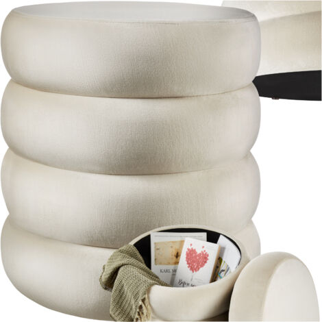 Tabouret rembourré aspect velours et espace de rangement crème