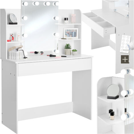 Coiffeuse Zoey Avec Éclairage LED - Miroir, Tiroir, Armoire, 3 Compartiments - 90x38x137 Cm - Blanc - Table Maquillage & Coiffure