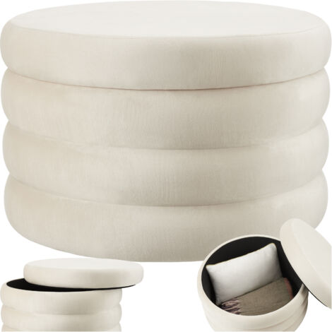 Tabouret rembourré rond avec rangement revêtement velours crème (1/5)