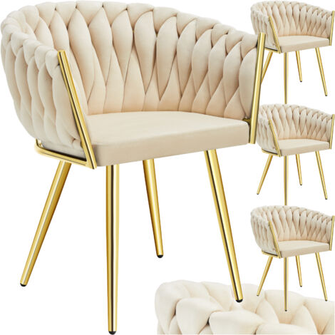 Lot 4 chaises de salle à manger en velours design noué sable/or
