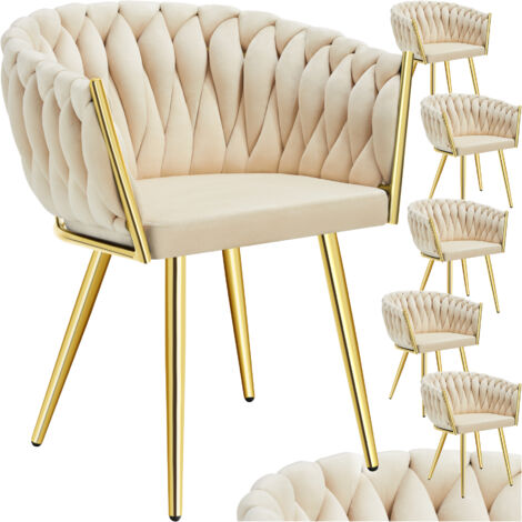Lot 6 chaises de salle à manger en velours design noué sable/or
