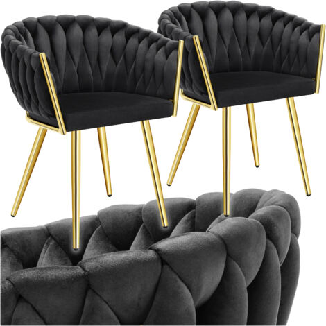 Lot 2 chaises de salle à manger en velours design noué noir/or