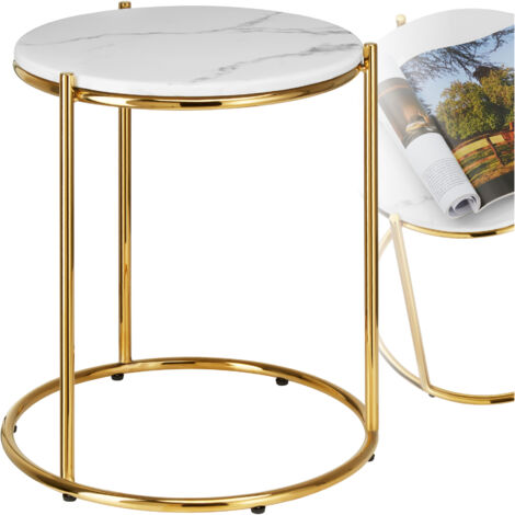 Table d'appoint plateau effet marbre et structure en acier blanc/doré (1/5)