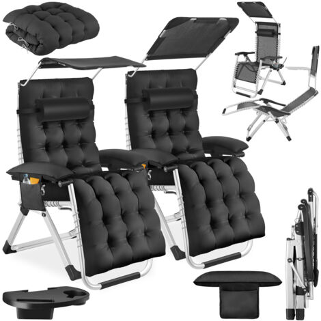Lot 2 chaises longues pliables avec pare-soleil et repose-pieds noir