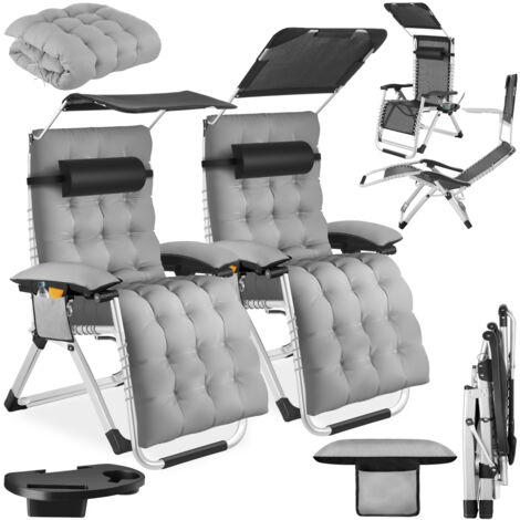 Lot 2 chaises longues pliables pare-soleil et repose-pieds gris clair