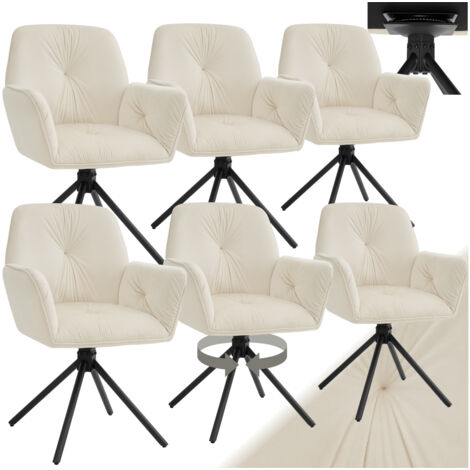Tectake – Lot de 6 chaises pivotantes 360° en velours rembourré crème/noir – Accoudoirs hauts – Capacité de charge 120 kg – Pieds en acier laqué époxy (1/5)