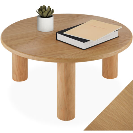 Table basse ronde avec pieds en bois massif et plateau MDF plaqué