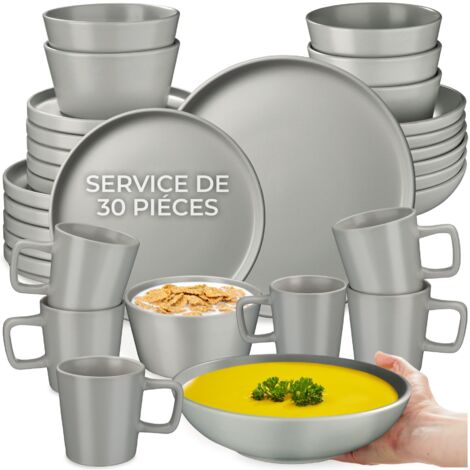 30 pièces service de table en grès pour 6 personnes gris