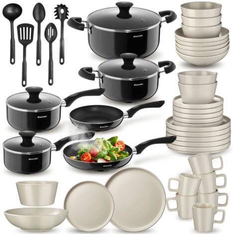 Set de cuisine pour 6 personnes vaisselle casseroles 45 pièces taupe