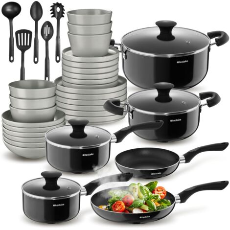 Set de cuisine pour 6 personnes vaisselle et casseroles 39 pieces gris
