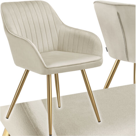 Tectake – Chaise Marilyn velours matelassé crème/or – Pieds en acier dorés – Conception robuste – Hauteur d'assise 47 cm – Pour salle à manger et bureau (1/5)