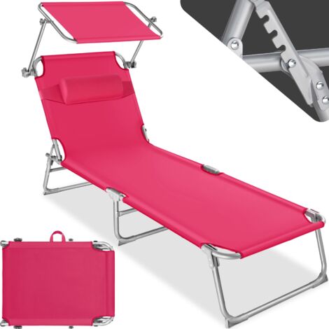 Transat pliable acier 4 positions coussin de tête polyester rose vif