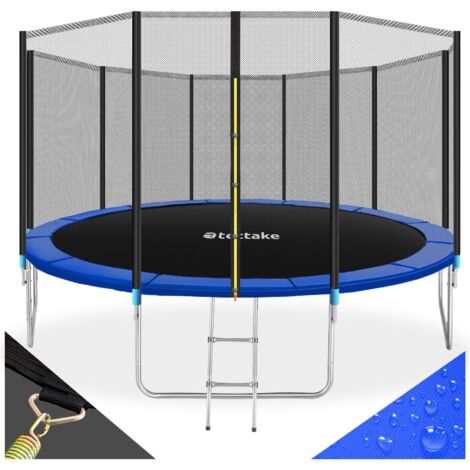 Trampoline avec échelle et filet de sécurité en acier noir bleu