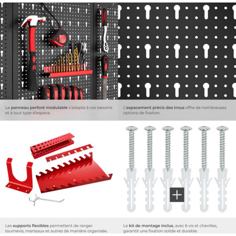 Lot De 3 Panneaux Perforés Métalliques 120x60cm Pour Rangement Outils - Avec 26 Accessoires (crochets, Bacs)