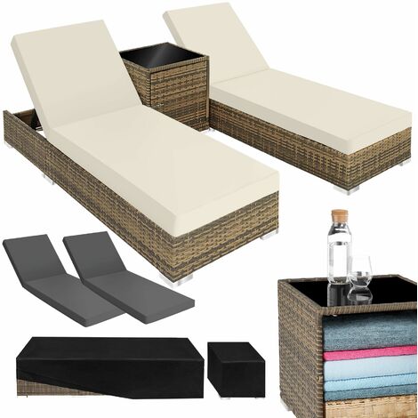 Lot de 2 bains soleil résine tressée aluminium table marron naturel