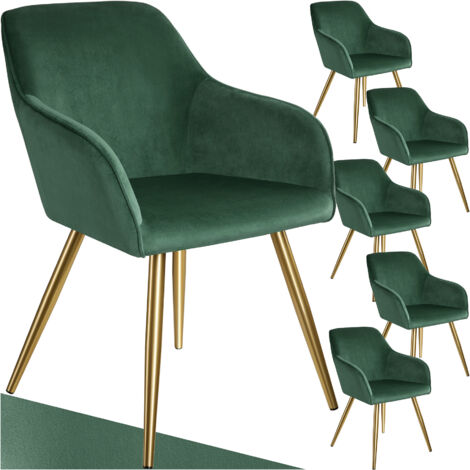 Tectake – Ensemble de 6 chaises rembourrées velours vert foncé – Accoudoirs confortables – Capacité de charge 120 kg – Design scandinave vintage (1/5)