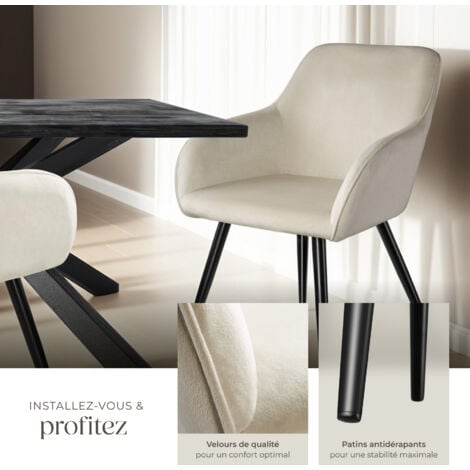 Ensemble de 6 chaises rembourrées effet velours crème et noir