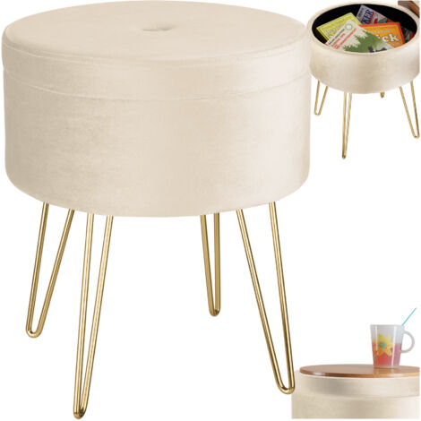 Tectake – Tabouret coffre de rangement rond en velours crème – Dimensions Ø37,5 x H44,5 cm – Plateau bois – Pieds en acier doré – 300 kg max (1/5)