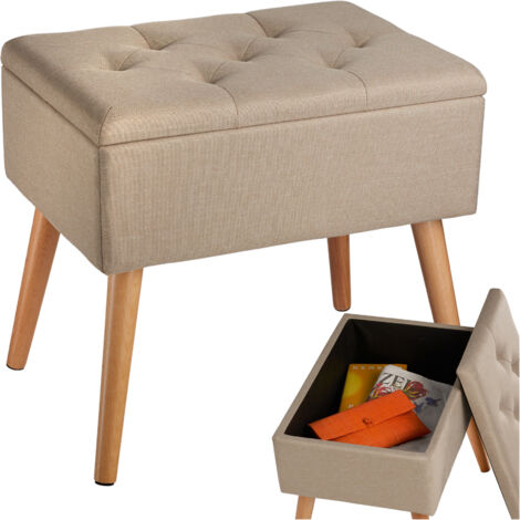 Tectake – Banc de table avec coffre de rangement – Dimensions 51x37,5x45,5 cm – Revêtement tissu lin sable – Pieds en bois hêtre (1/5)