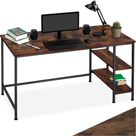 Tectake – Bureau droit style industriel 140x60cm – Étagère avec 2 compartiments de rangement – Panneau MDF et acier noir – Pour espace de travail moderne (1/5)