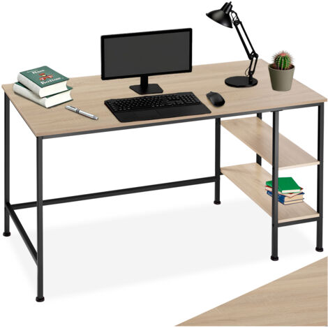 Tectake – Bureau droit industriel avec étagère 2 espaces de rangement – Acier noir et bois clair – Dimensions 140x60x76,5 cm – Montage facile (1/5)