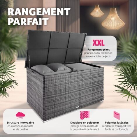 Coffre de jardin caisse de rangement pour coussins avec cadre en aluminium et tressage en rotin