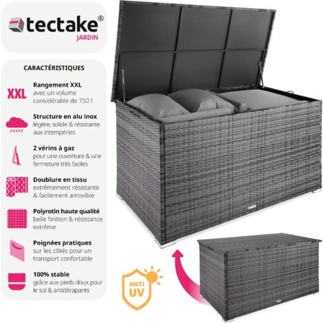 Coffre de jardin caisse de rangement pour coussins avec cadre en aluminium et tressage en rotin