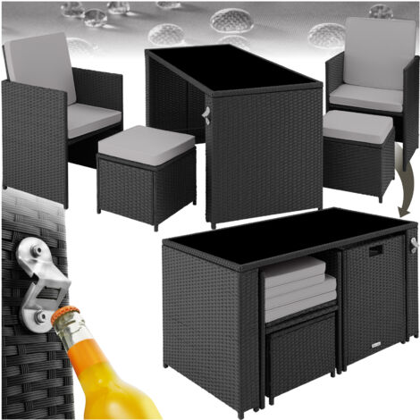 Salon de jardin 2 à 4 personnes ouvre-bouteilles inclus noir et gris