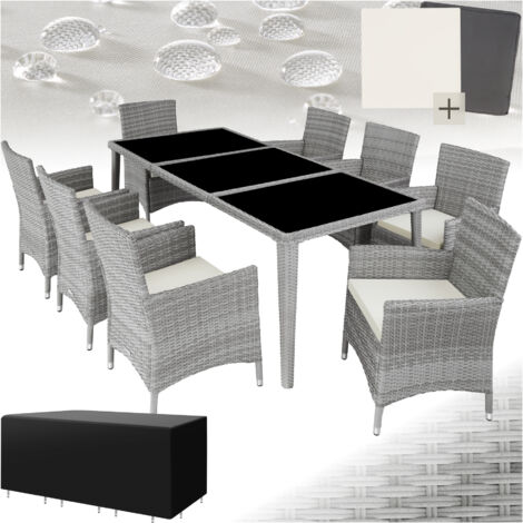 Tectake – Ensemble table et chaises de jardin 8 places – Résistant aux intempéries – Housses incluses – Table en verre et structure en aluminium