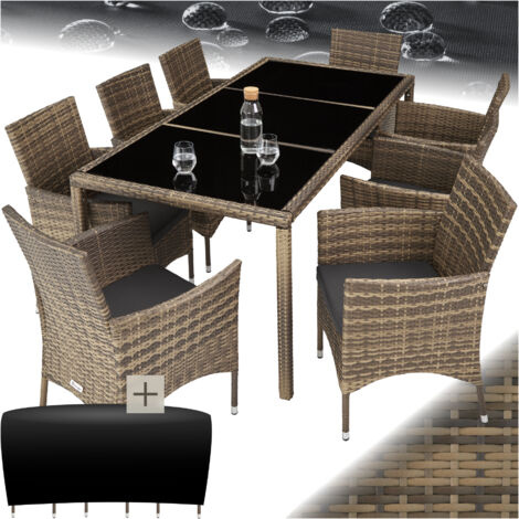 Tectake – Salon de jardin 8 places en acier et résine tressée – Housse de protection incluse – Dimensions table 195x91cm – Confort optimal avec coussins déhoussables