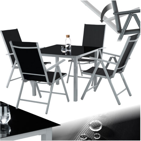 Casaria Salon Jardin Aluminium 5 Pièces - Table 90x90cm + 4 Chaises Pliantes - Noir/argent - Résistant Intempéries - Pour Terrasse, Balcon
