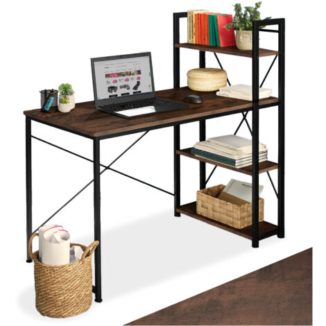 Tectake – Bureau d'angle style industriel 120x56 cm – Étagère 3 compartiments – Capacité de charge 150 kg – Bois foncé et acier (1/5)
