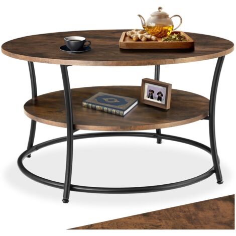 Table basse salon rond avec 2 plateaux en panneau aggloméré bois foncé (1/5)